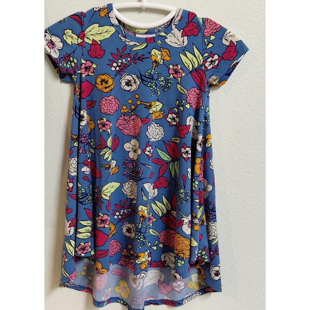 LuLaRoe Girls Scarlett Dress Size 4 Blue Multicolor Floral High Low Short Sleeve
